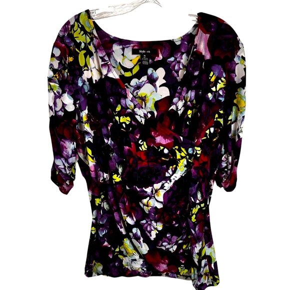Style & Co  XL Floral Print Top 3/4 Sleeve Purple Multi-Color Polyester Spandex - Picture 6 of 12